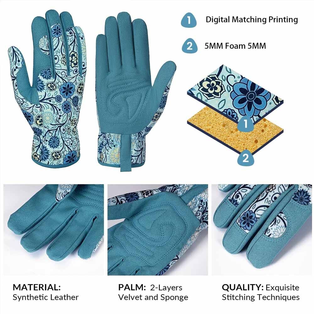 Wholesale Stylish Blue Floral Pattern Garden Gloves Women Protective Work Gloves With Durable Palm for Indoor & Outdoor Planting - Image 5